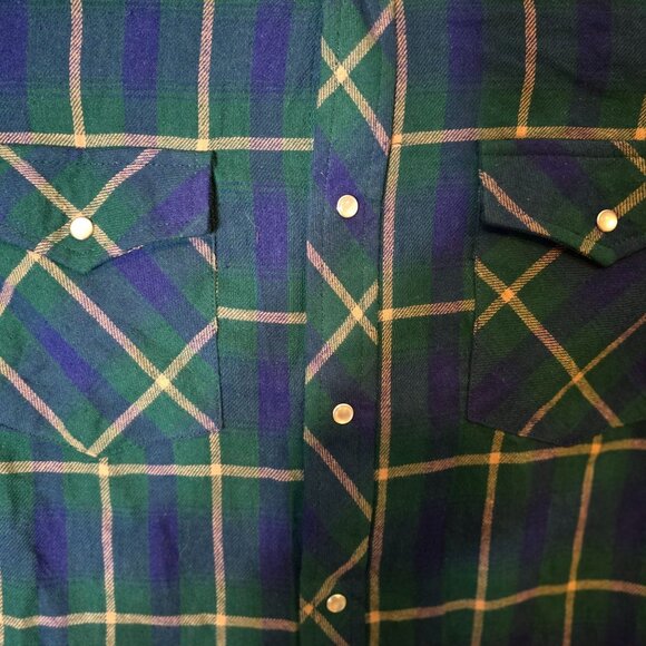 Wrangler Wrancher Pearl Snap Flannel Shirt Size M Green Blue‎ Plaid Long Sleeve - Picture 4 of 5